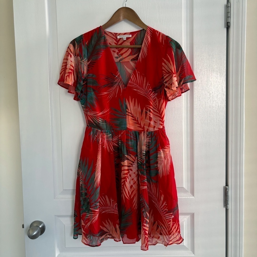 Rebecca Minkoff Red Tropical Leaf Print Mini Dress Sz 2 Summer Resortwear